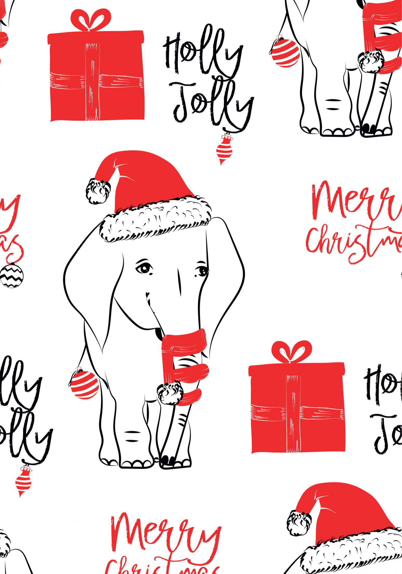 Hand drawn vector illustration with a cute baby elephant celebrating celebrating a Merry Christmas - seamless pattern with isolated on white background
